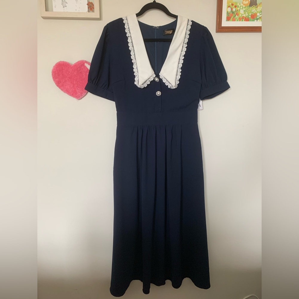 NWT Alexia Admor Navy Blue Short Sleeve Long Dress With White Collar Size 8